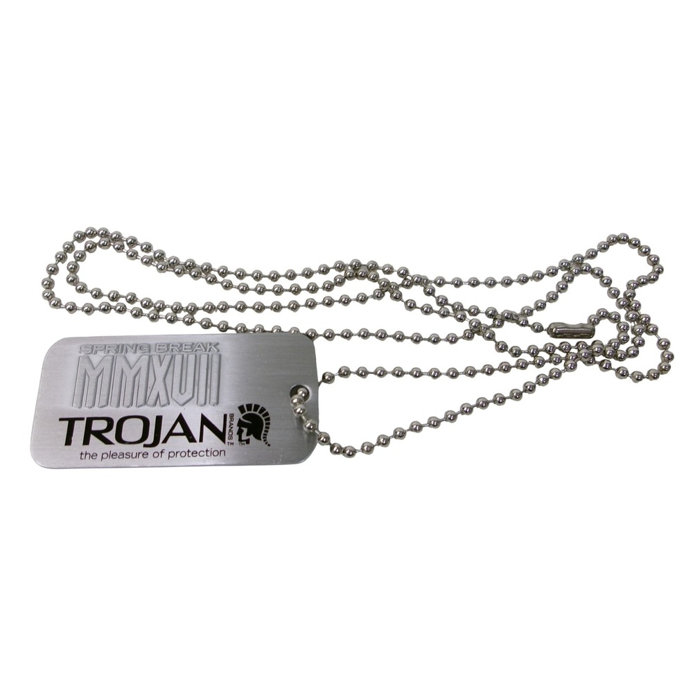 Trojan Brand Condoms Spring Break 2017 MMXVII Dog Tag Necklace Silver Ball Chain